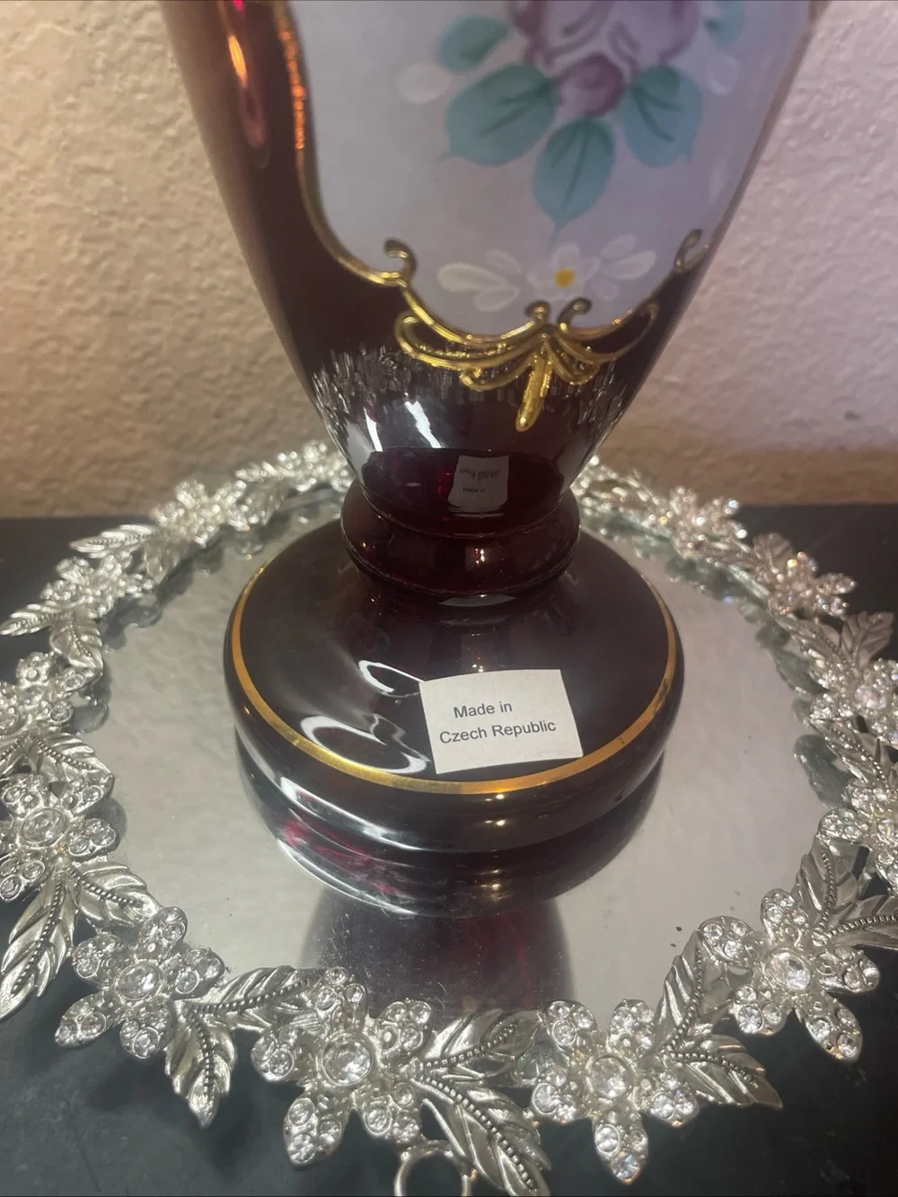 Gorgeous Bohemian Czech Republic Gilted Cranberry Glass 9” Royal Vase